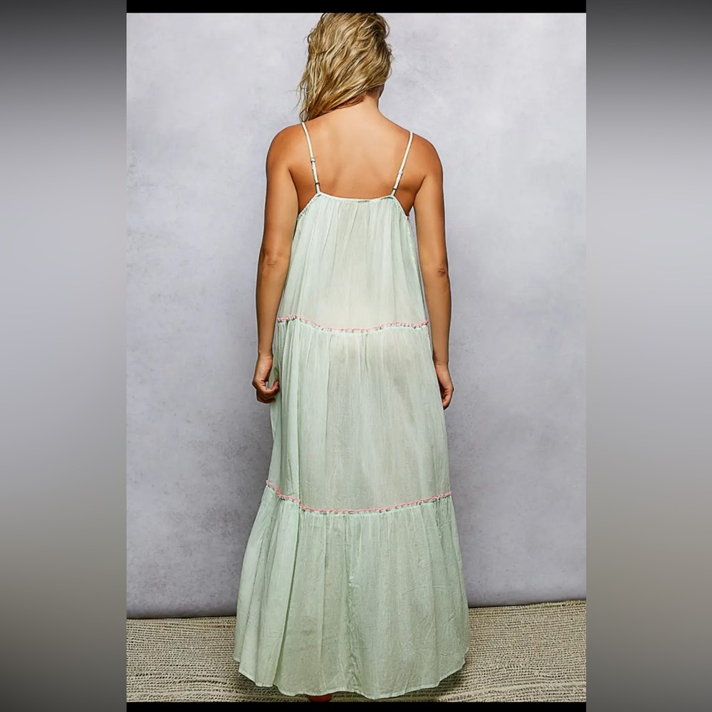 988. ☀️Sleeveless shirring embroidered printed woven maxi dress light green pink - Picture 4 of 4